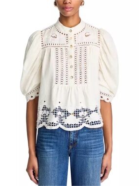 FARM Rio Cream Eyelet Peasant Blouse